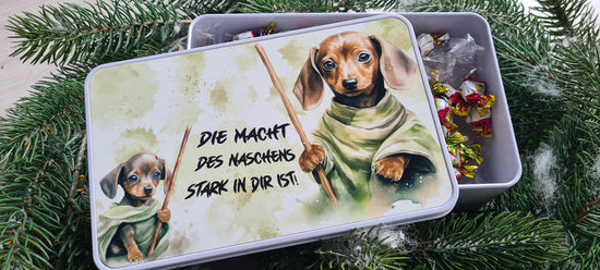 Keksdose mit Frenchie oder Dackel im Science-Fiction Kostüm, Aufbewahrungsdose, Geschenkdose