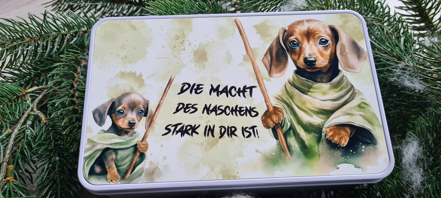 Keksdose mit Frenchie oder Dackel im Science-Fiction Kostüm, Aufbewahrungsdose, Geschenkdose