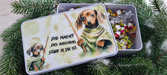 Keksdose mit Frenchie oder Dackel im Science-Fiction Kostüm, Aufbewahrungsdose, Geschenkdose