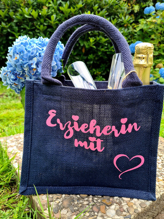 Kleine Jutetasche Erzieherin mit Herz